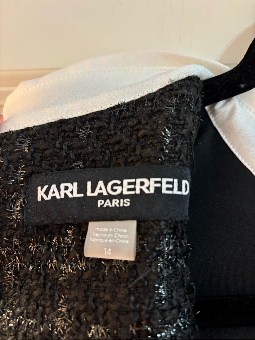 Karl Lagerfeld Black Tweed Sheath Dress with White Collar and Satin Bow - Picture 11 of 11